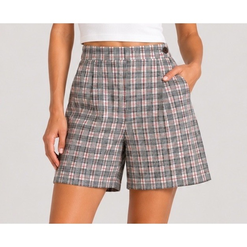 Sun Daze Womens 60s 70s Vintage High Rise Plaid Shorts Size 12 White Black Red